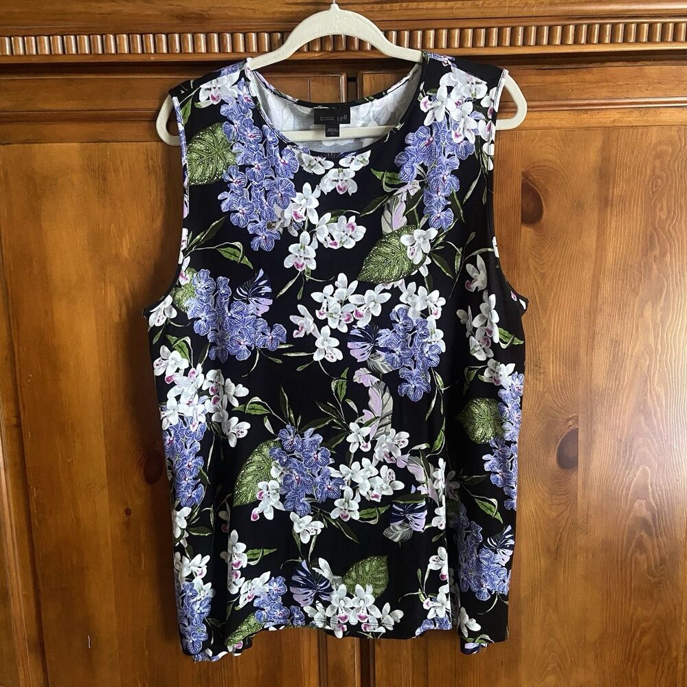J. Jill Orchid Floral Sleeveless Knit Tank Top Size XL Rayon Blend Black Purple